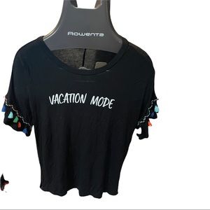 C Label.  Size S.  Vacation Mode Wording on Black T-Shirt Cotton With pom poms